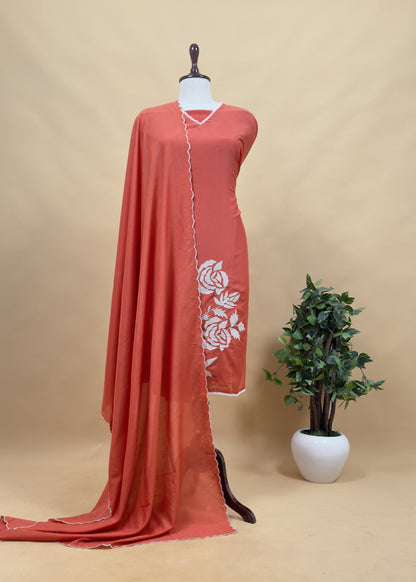 Red Pure Mul Cotton Suit Fabric With Appliqué Work