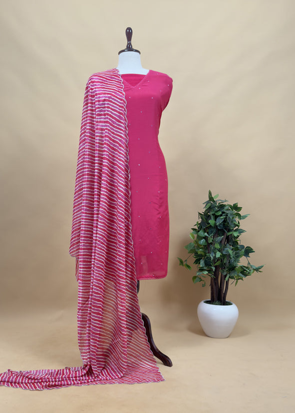 Pink Mul Chanderi Unstitched Suit With Lehariya Dupatta