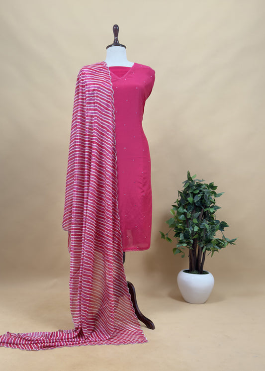 Pink Mul Chanderi Unstitched Suit With Lehariya Dupatta