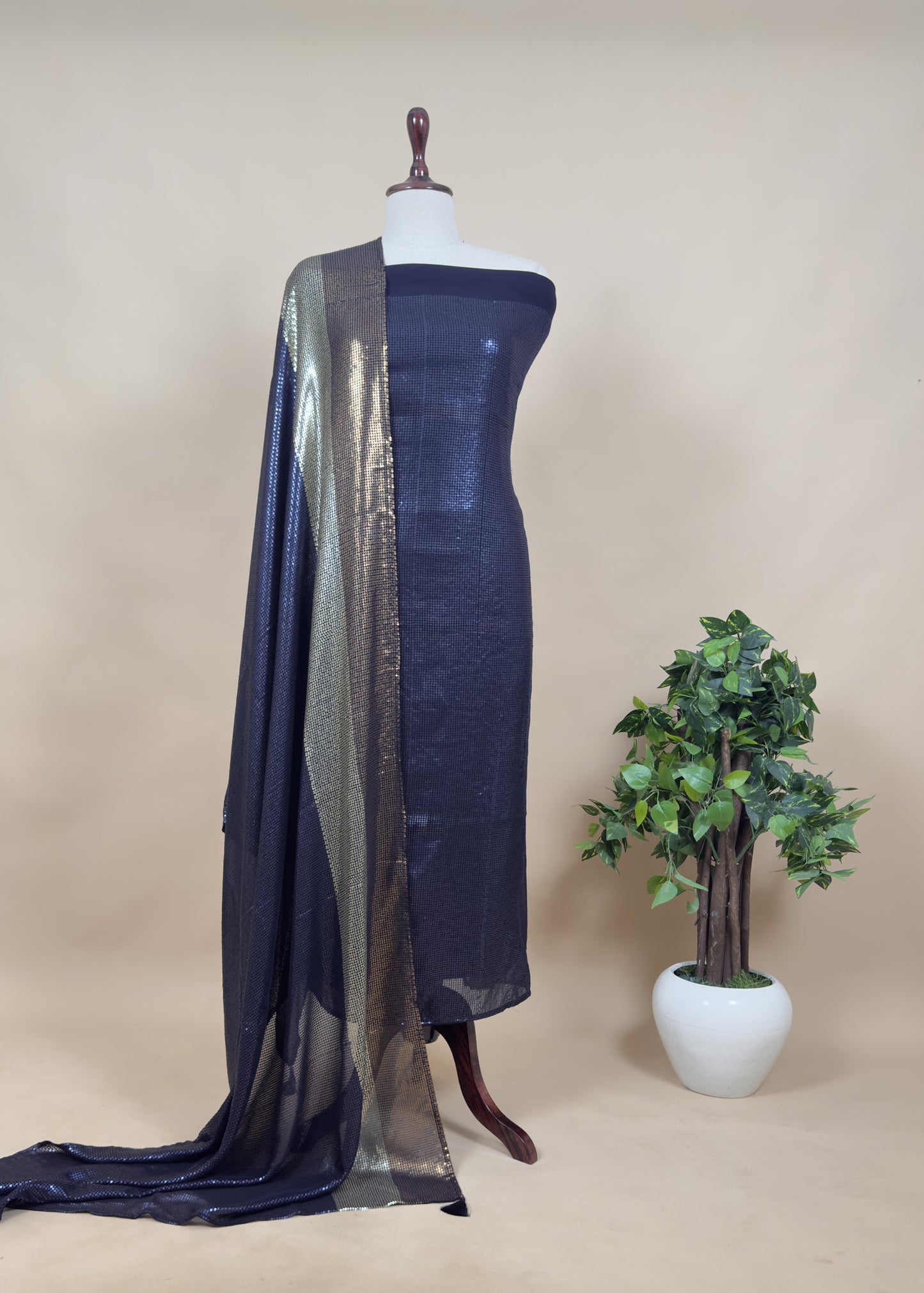 Classy Midnight Blue Sequin Jaal Pure Georgette Unstitched Suit