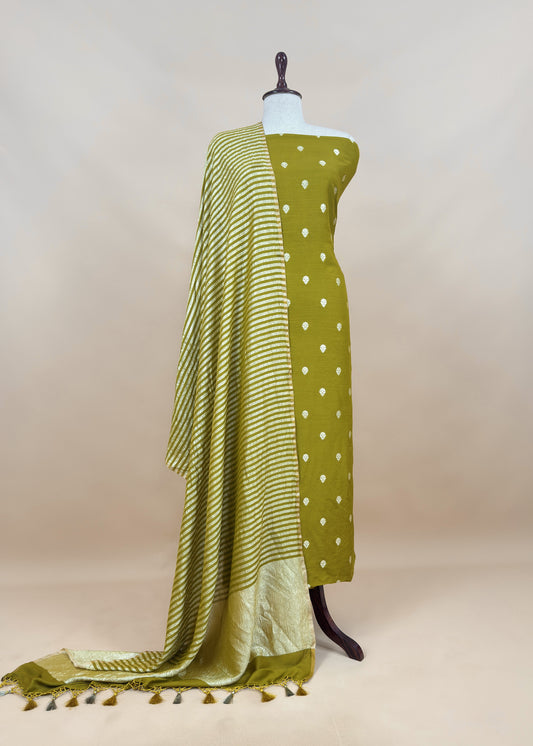 Mehandi Green Pure Silk Unstitched Suit Fabric With Gold Kadwa Weaving