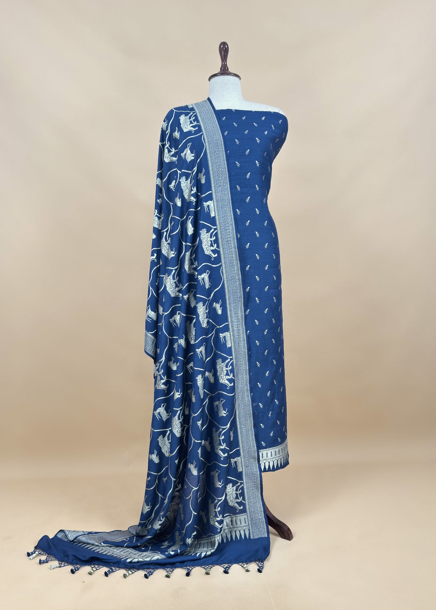 Kalasheel Luxe Royal Blue Handloom Munga Silk Suit With Shikagarh Gold Weaving