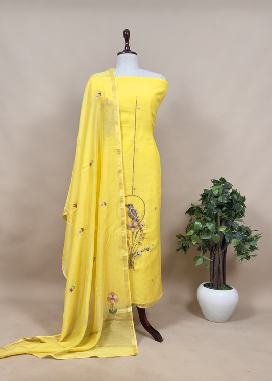 Sunshine Yellow Premium Mul Chanderi Chidiya Suit With Handwork