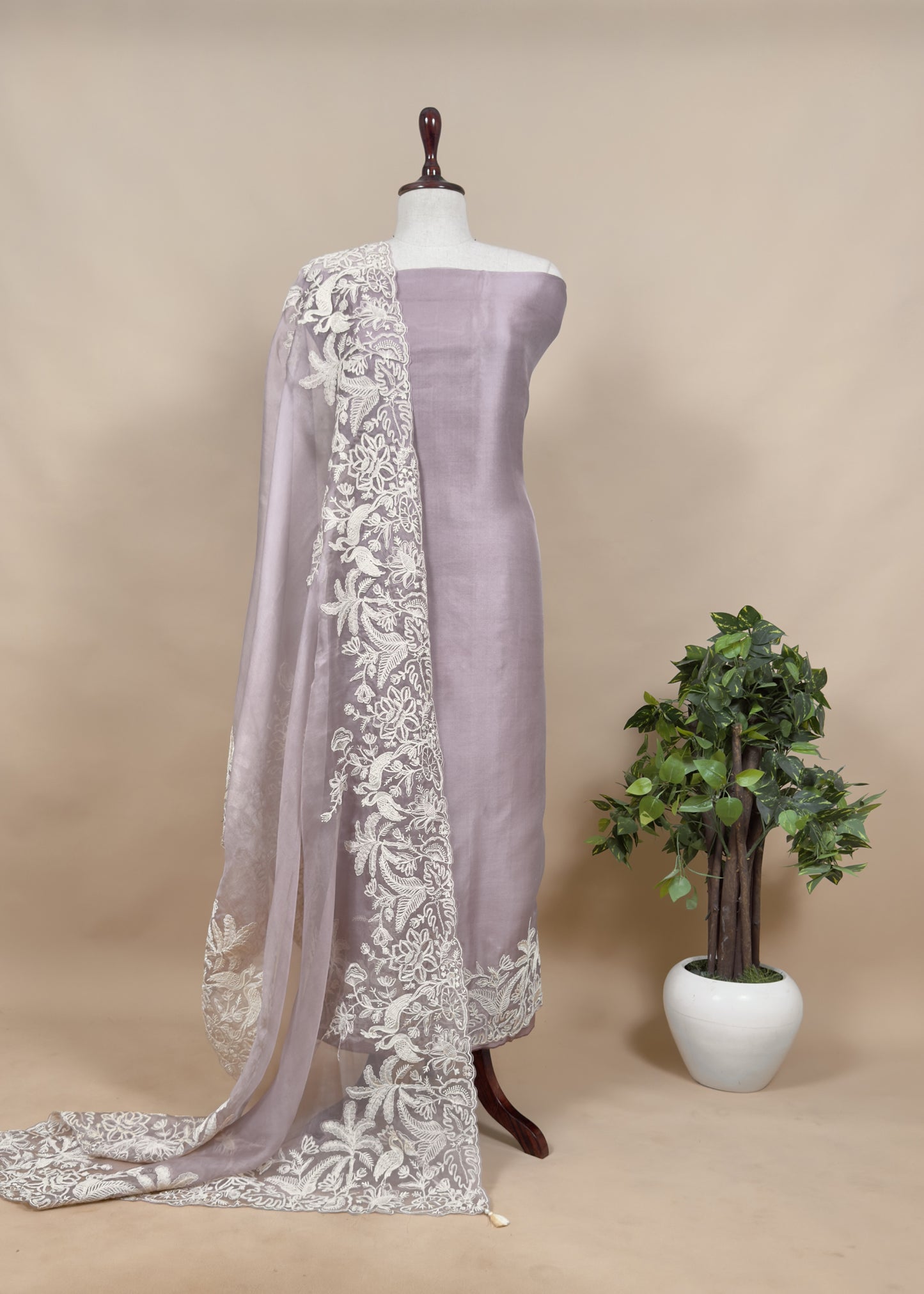 Kalasheel Luxe Lavender Handloom Organza Suit With Garden French Embroidery