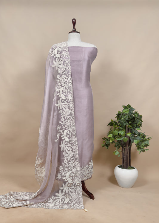 Kalasheel Luxe Lavender Handloom Organza Suit With Garden French Embroidery