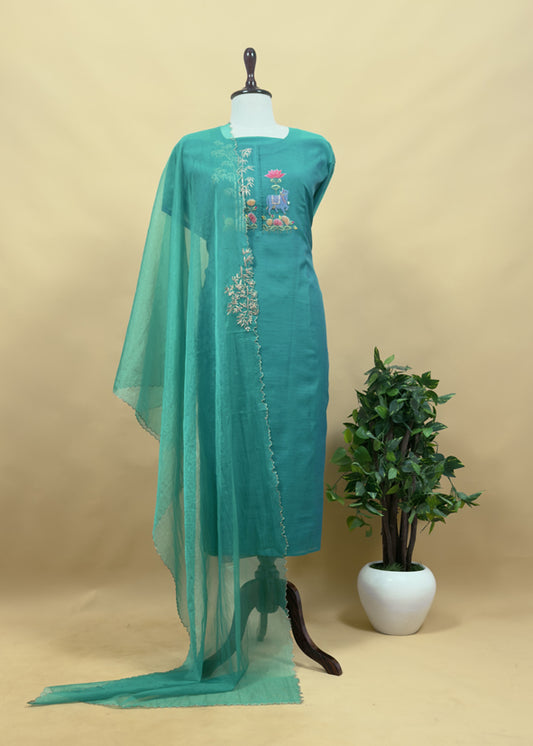 Turquoise Chanderi kurta With Organza Dupatta Having Zari Pichwai Embroidery