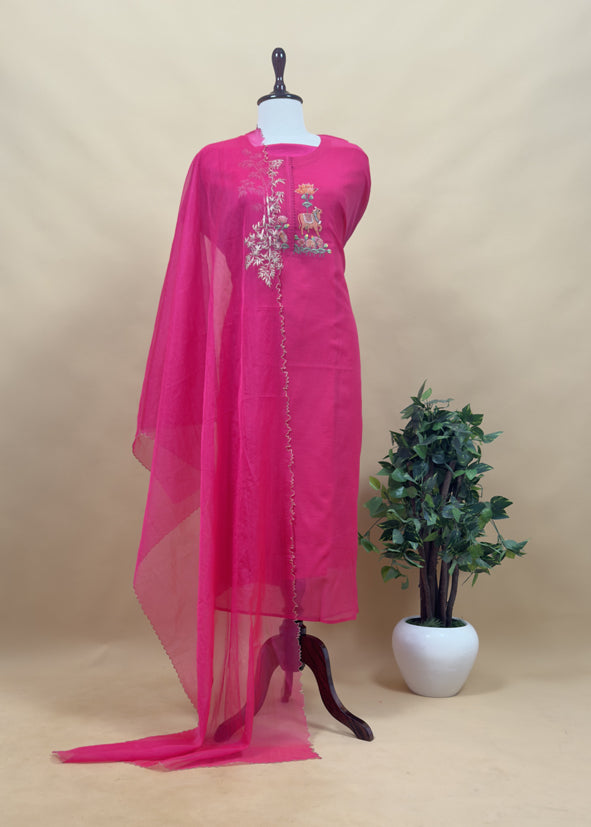 Turquoise Chanderi kurta With Organza Dupatta Having Zari Pichwai Embroidery