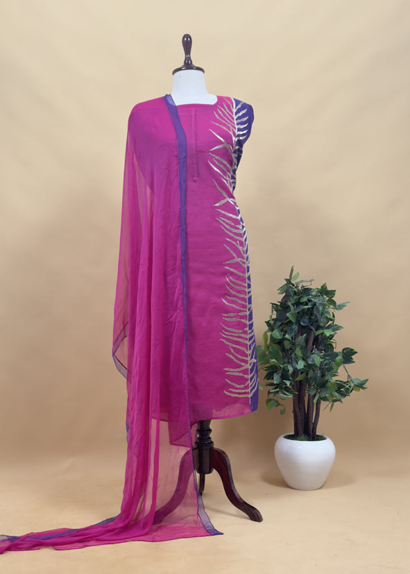 Turquoise And Violet Chanderi Kurta With Ombre Chiffon Dupatta With Dori Embroidery