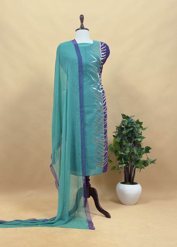 Turquoise And Violet Chanderi Kurta With Ombre Chiffon Dupatta With Dori Embroidery