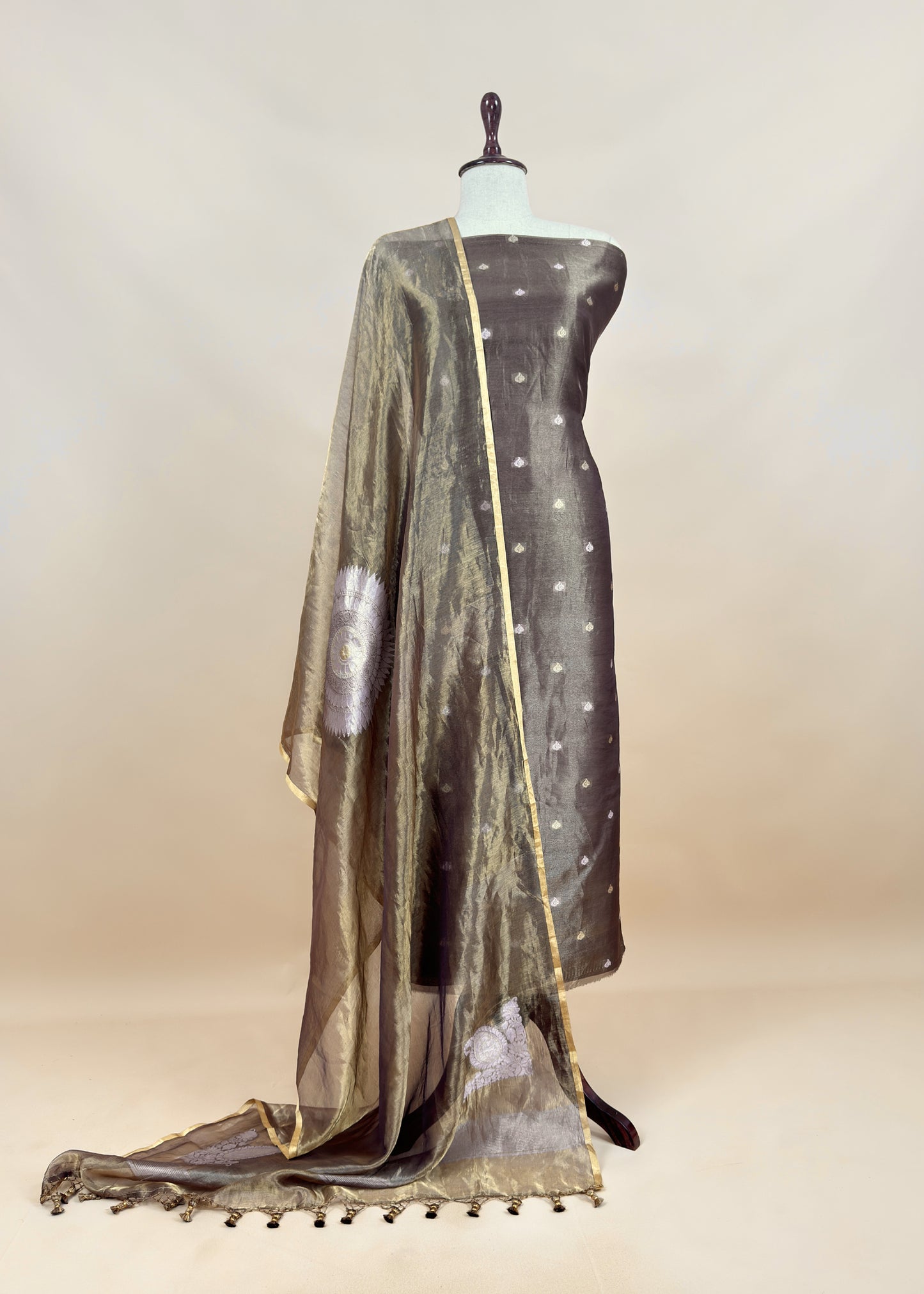 Mouse Handloom Tissue Silk Suit With Kadwa Weaves