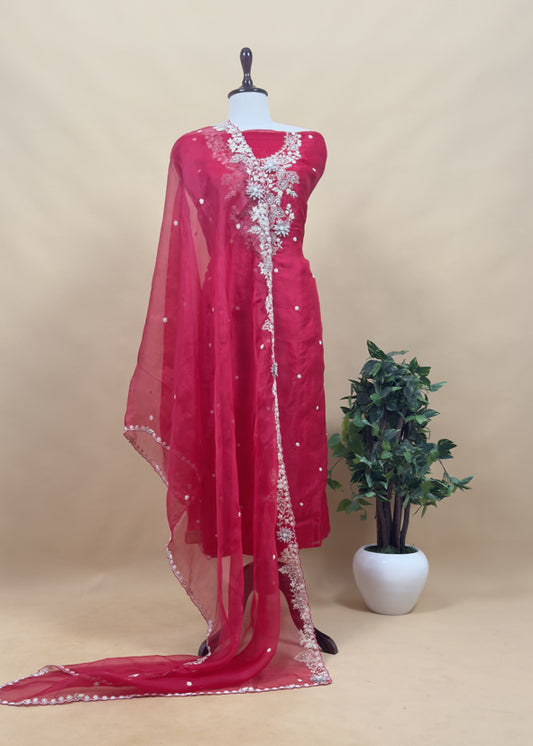 Classic Red Luxe Organza Silk Suit With 3d Appliqué, Dori And Gotapatti Handwork