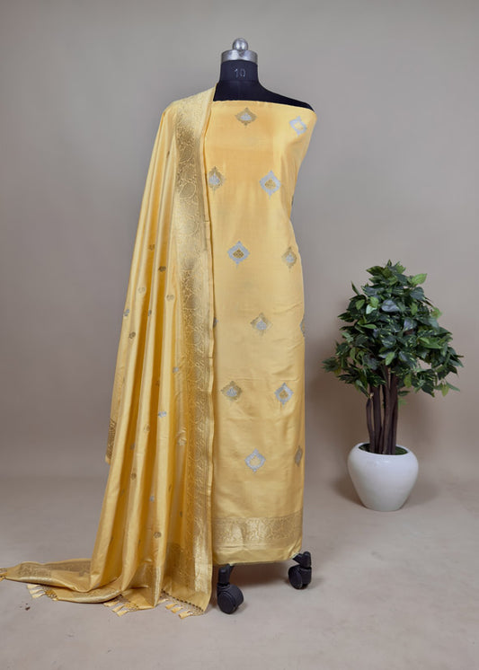 Yellow Luxurious Handloom Katan Silk Suit Set with Roopa-Sona Kadwa Weaves