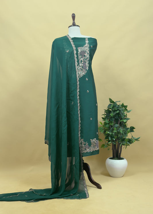 Green Handloom Dupion Silk Suit With Zardosi Handwork