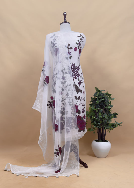 Senorita Dreamy Ivory White Handloom Organza Silk Suit Fabric With Cross-Stitch Embroidery