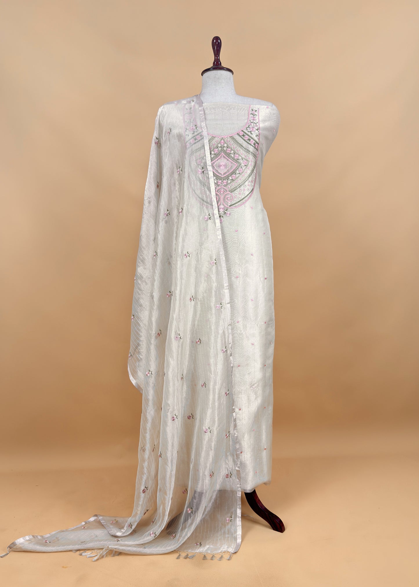 Eden Ivory Tissue Silk Suit Fabric With Resham Embroidery