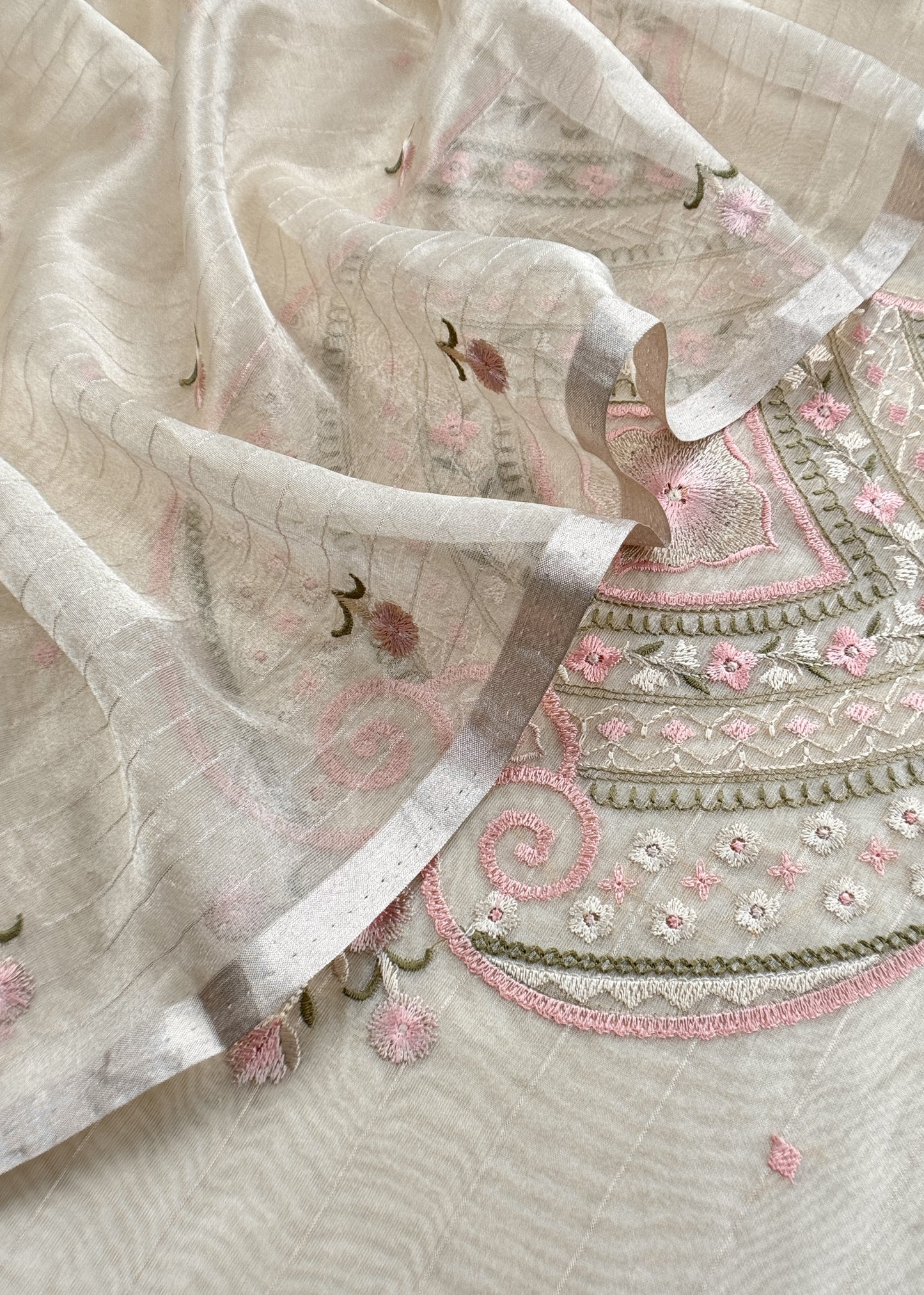 Eden Ivory Tissue Silk Suit Fabric With Resham Embroidery