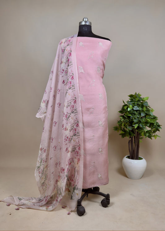 Pink Pure Organza Silk Unstitched Suit With Peonies Brush-Print Dupatta