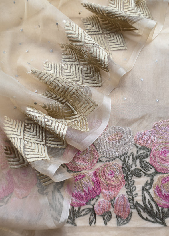 Butter Yellow French Roses Organza Silk kurta And Dupatta With Pastel Embroidery