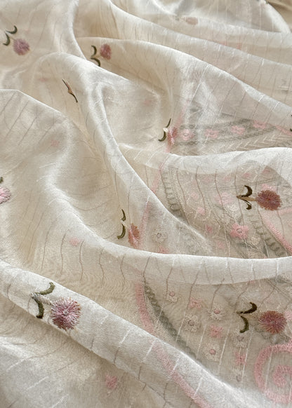Eden Ivory Tissue Silk Suit Fabric With Resham Embroidery