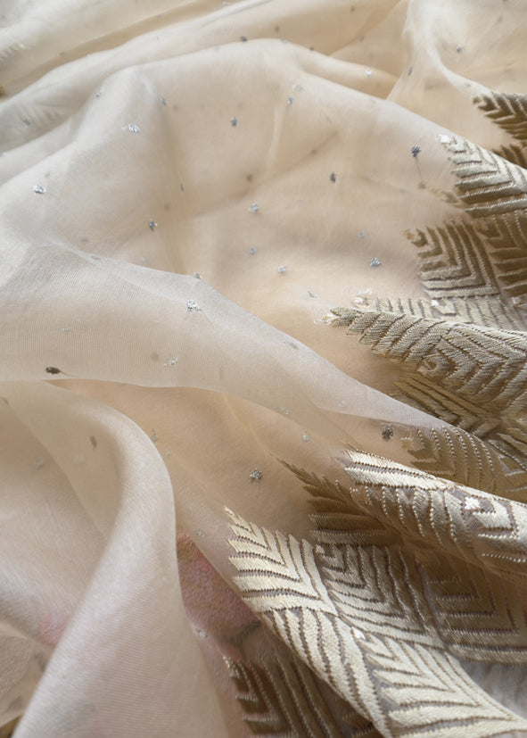 Butter Yellow French Roses Organza Silk kurta And Dupatta With Pastel Embroidery