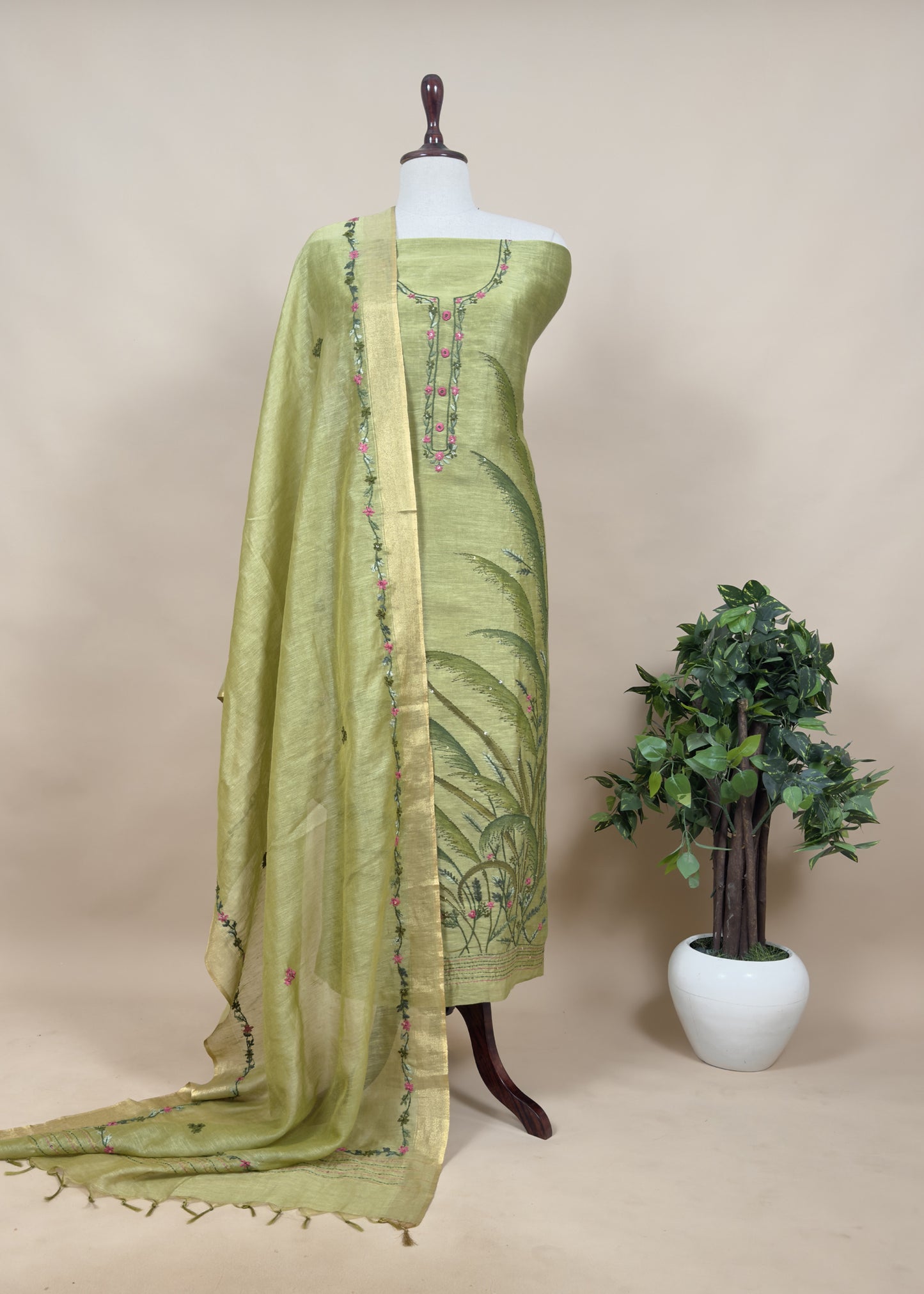 Yale Blue Handloom Linen Silk Hand painted Suit Fabric With French Knot And Kantha Handwork