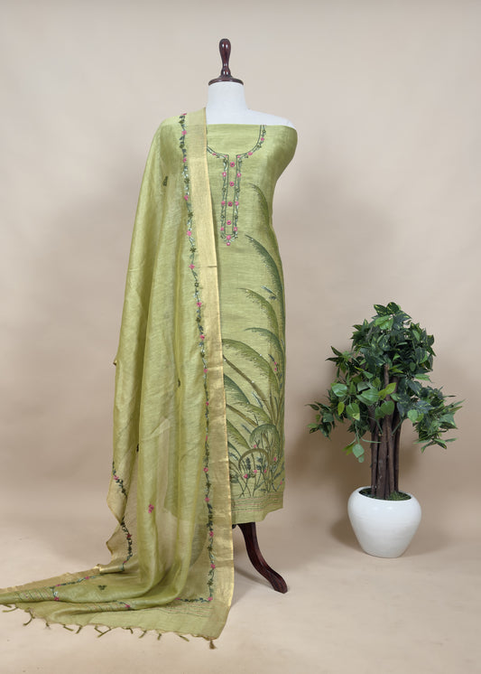 Jade Green Handloom Linen Silk Hand Painted Suit Fabric With French knot And Kantha Handwork