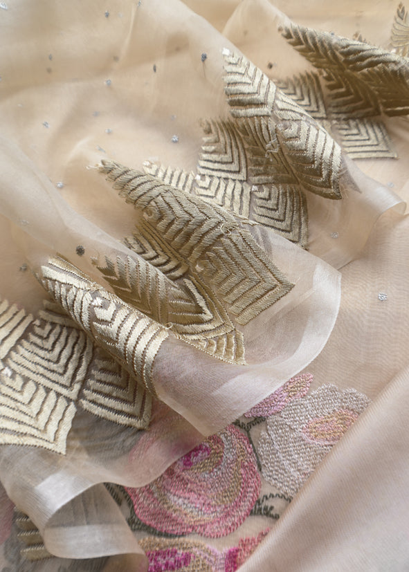 Butter Yellow French Roses Organza Silk kurta And Dupatta With Pastel Embroidery