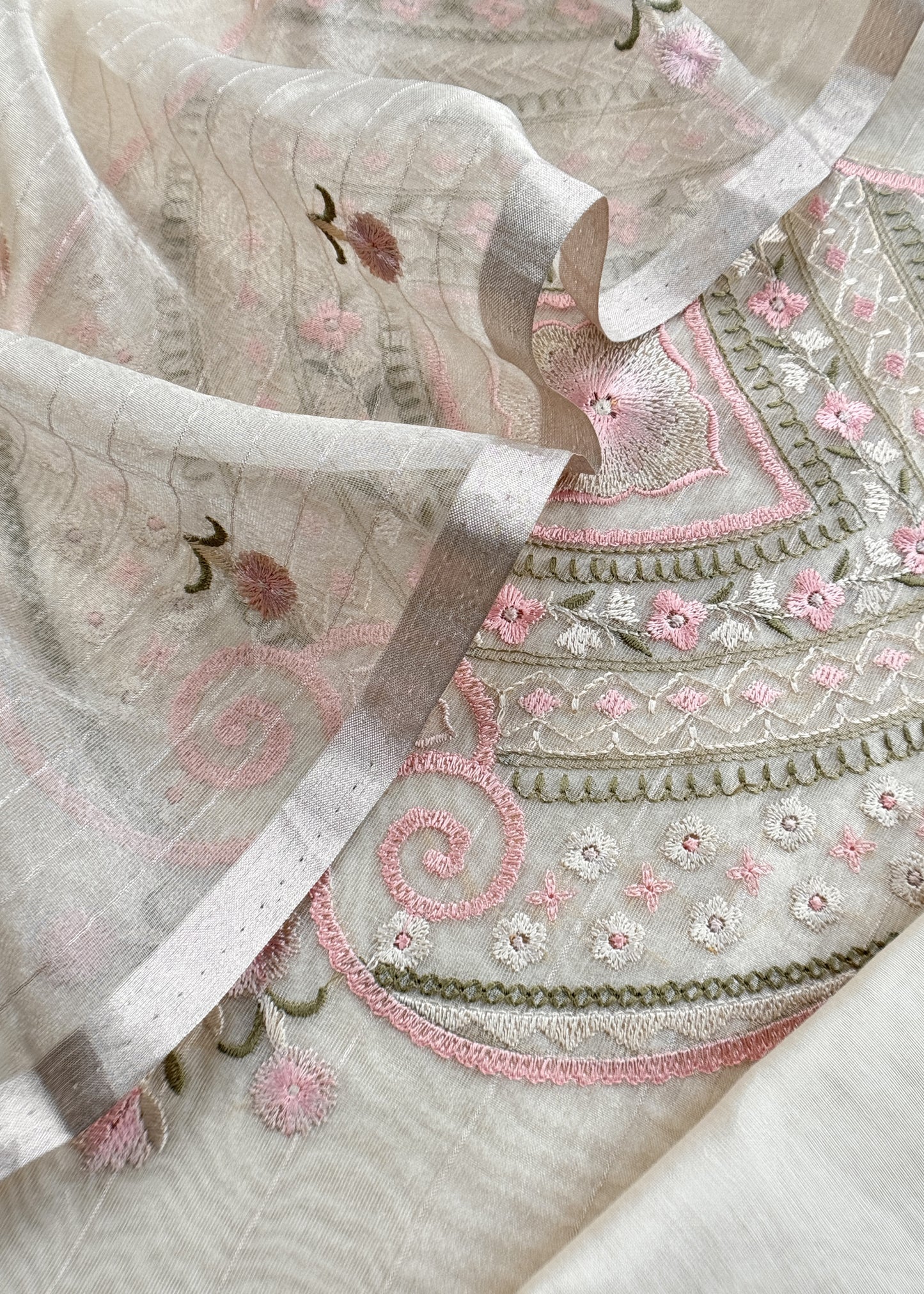 Eden Ivory Tissue Silk Suit Fabric With Resham Embroidery