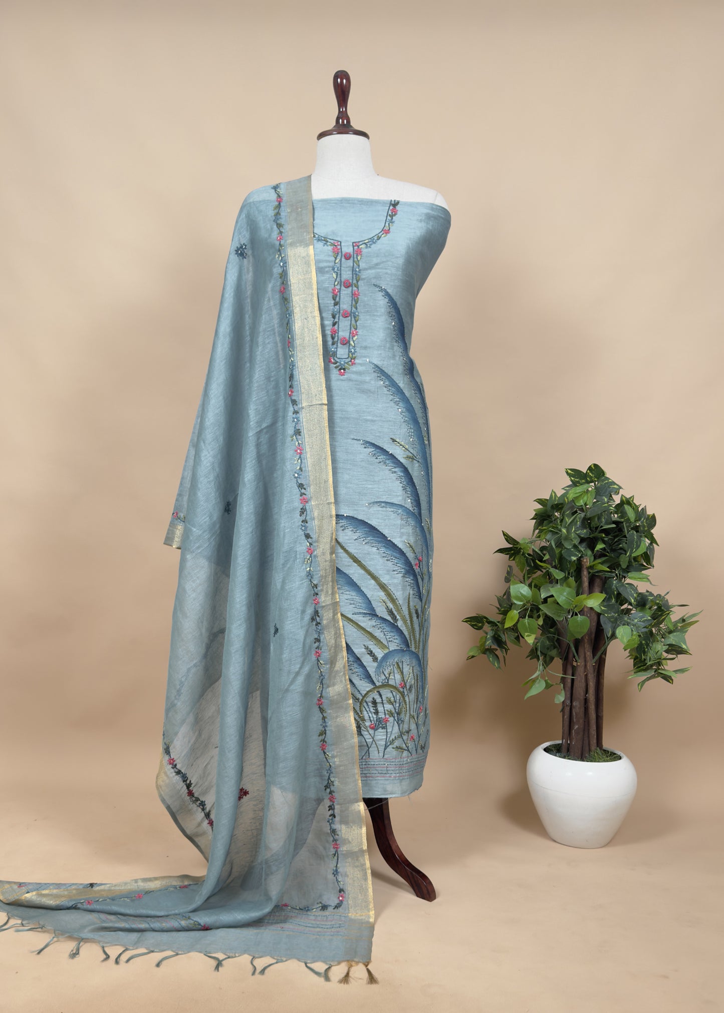 Yale Blue Handloom Linen Silk Hand painted Suit Fabric With French Knot And Kantha Handwork