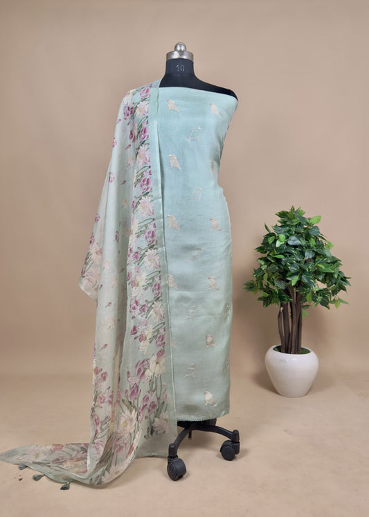 Pastel Green  Pure Organza Silk Unstitched Suit With Peonies Brush-Print Dupatta