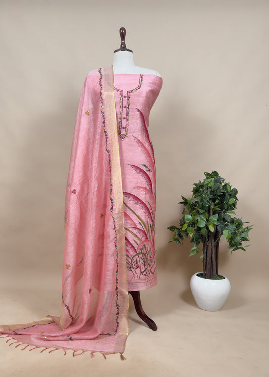 Taffy Pink Handloom Linen Silk Hand painted Suit Fabric with French knot and Kantha Handwork