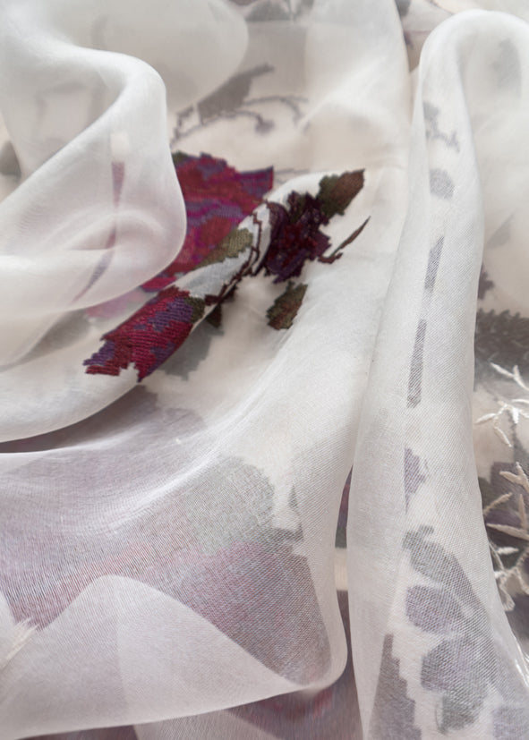 Senorita Dreamy Ivory White Handloom Organza Silk Suit Fabric With Cross-Stitch Embroidery