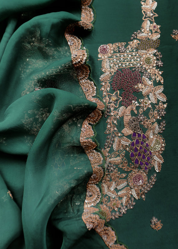 Green Handloom Dupion Silk Suit With Zardosi Handwork