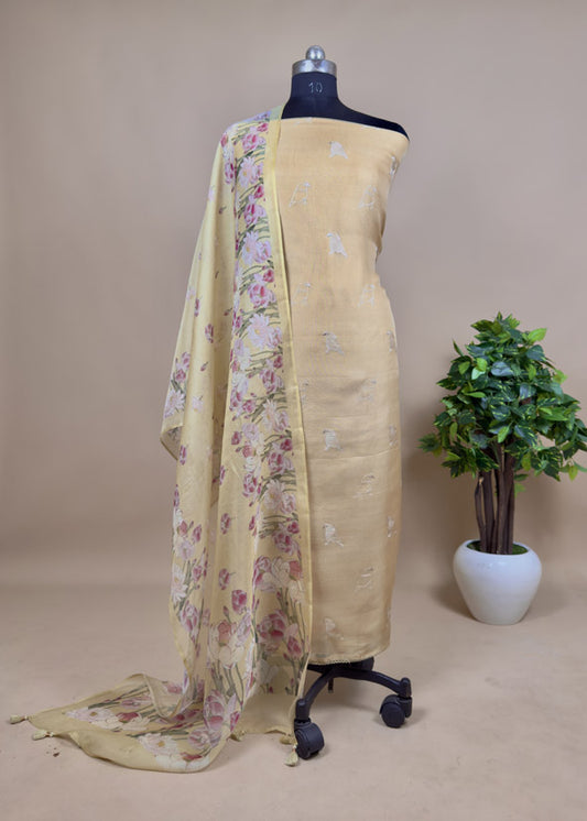 Golden Yellow Pure Organza Silk Unstitched Suit With Peonies Brush-Print Dupatta