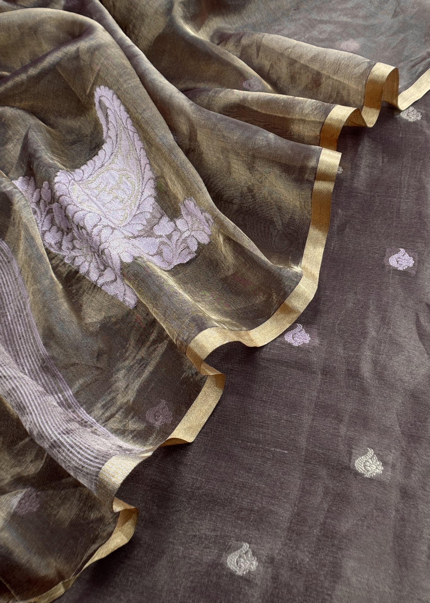 Mouse Handloom Tissue Silk Suit With Kadwa Weaves