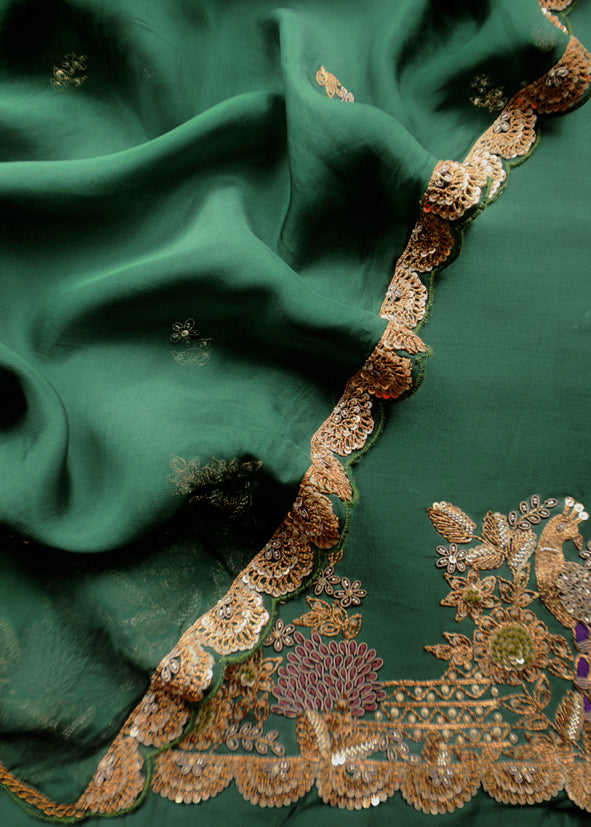 Green Handloom Dupion Silk Suit With Zardosi Handwork