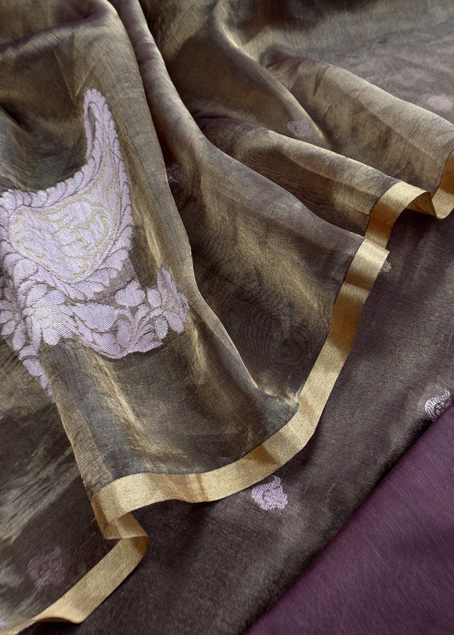 Mouse Handloom Tissue Silk Suit With Kadwa Weaves