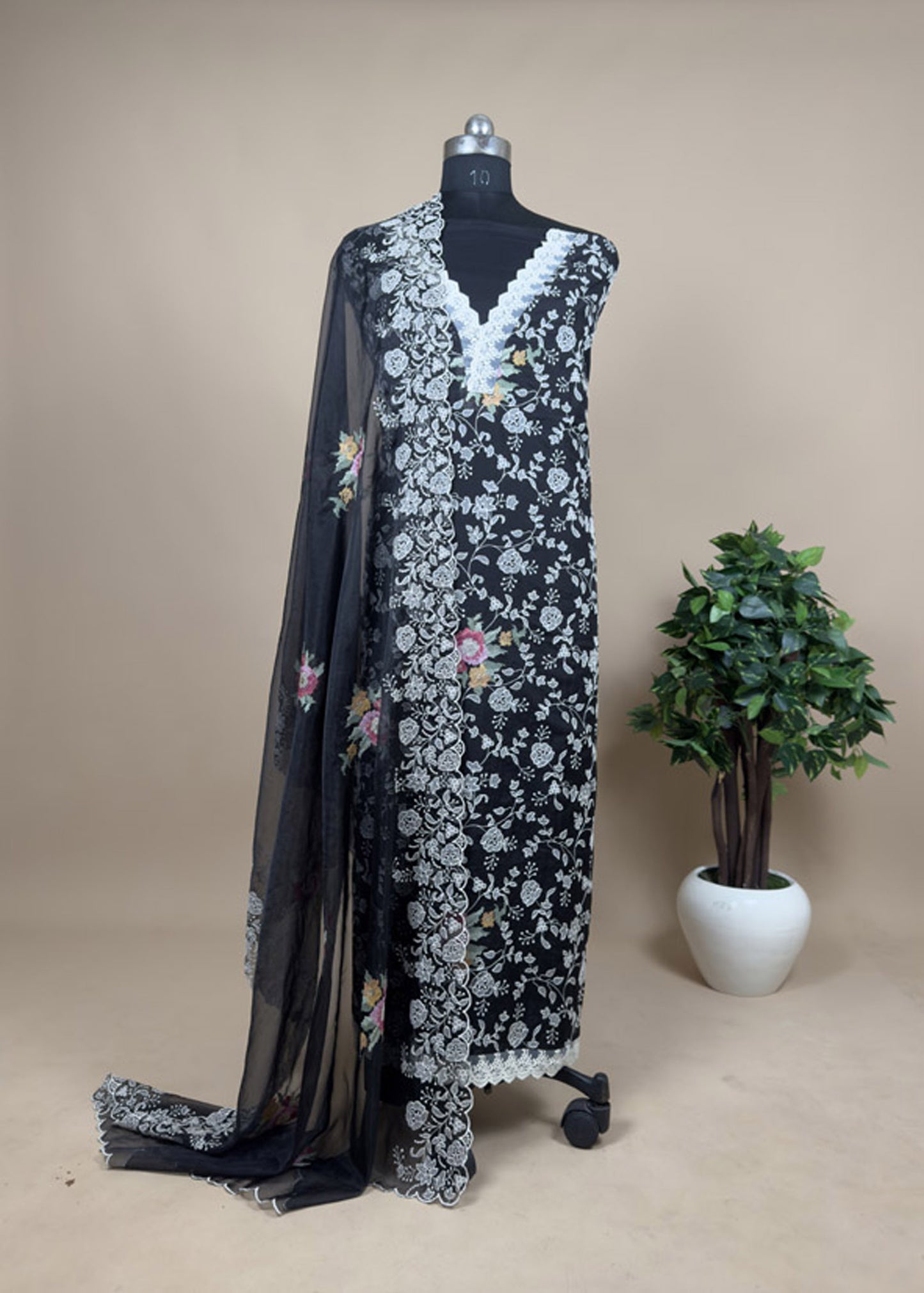 Black Embroidered Kota Doria Suit With Organza Dupatta