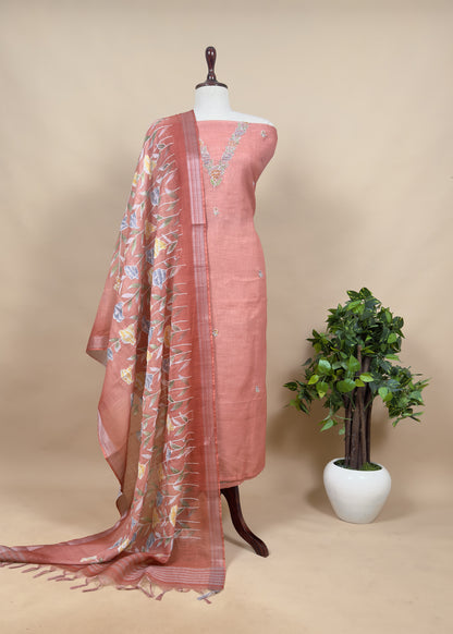 Summer Peach Linen Unstitched Suit Fabric With Kantha Hand Embroidery