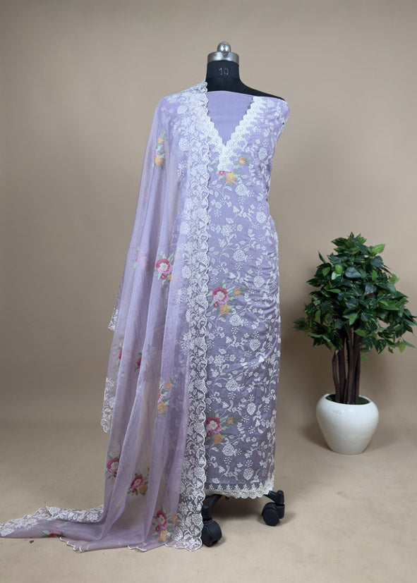 Purple Embroidered Kota Doria suit With Organza Dupatta