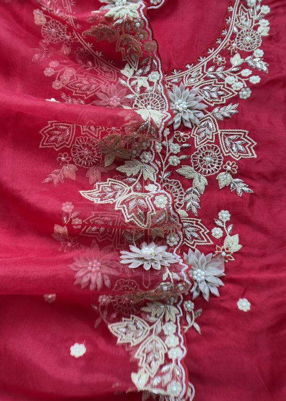Classic Red Luxe Organza Silk Suit With 3d Appliqué, Dori And Gotapatti Handwork
