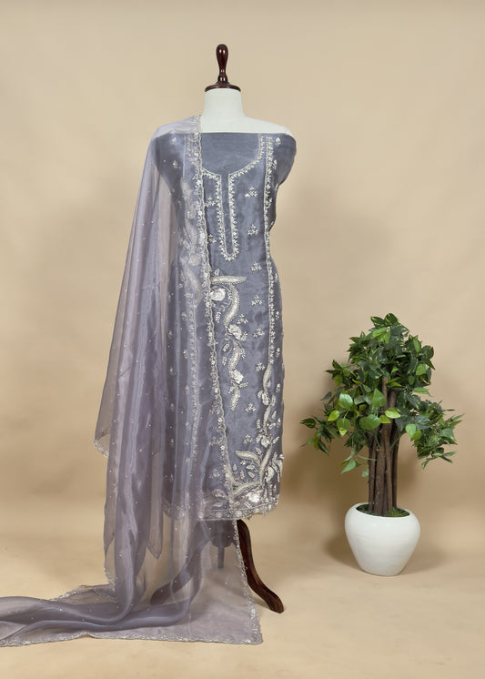 Purple Grey Glass Tissue Three-piece Wedding Suit Fabric With Hand Work