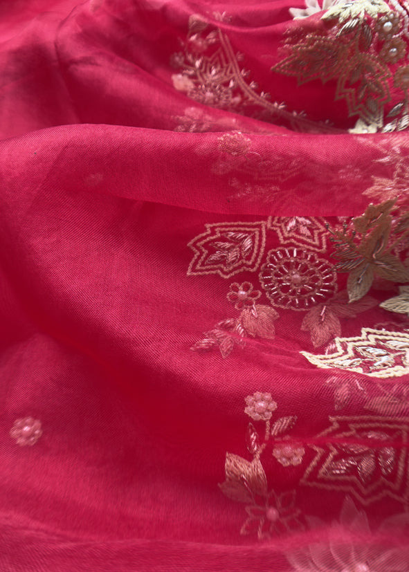 Classic Red Luxe Organza Silk Suit With 3d Appliqué, Dori And Gotapatti Handwork