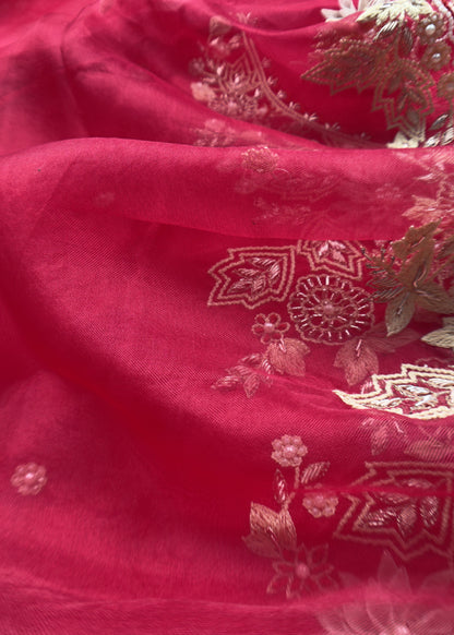 Classic Red Luxe Organza Silk Suit With 3d Appliqué, Dori And Gotapatti Handwork