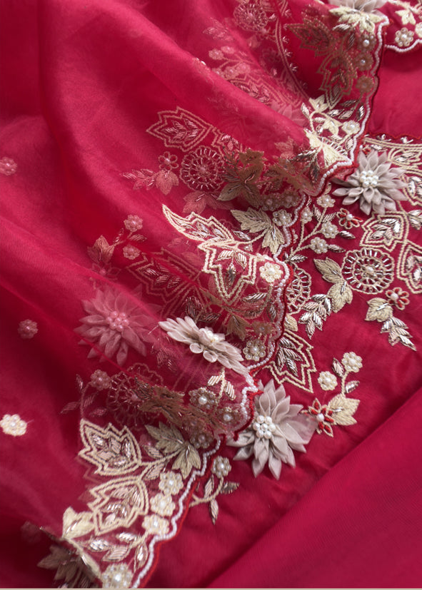 Classic Red Luxe Organza Silk Suit With 3d Appliqué, Dori And Gotapatti Handwork
