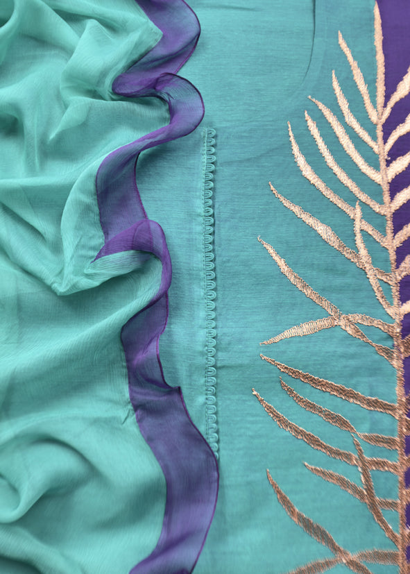 Turquoise And Violet Chanderi Kurta With Ombre Chiffon Dupatta With Dori Embroidery