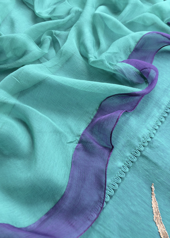 Turquoise And Violet Chanderi Kurta With Ombre Chiffon Dupatta With Dori Embroidery