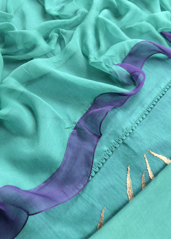 Turquoise And Violet Chanderi Kurta With Ombre Chiffon Dupatta With Dori Embroidery