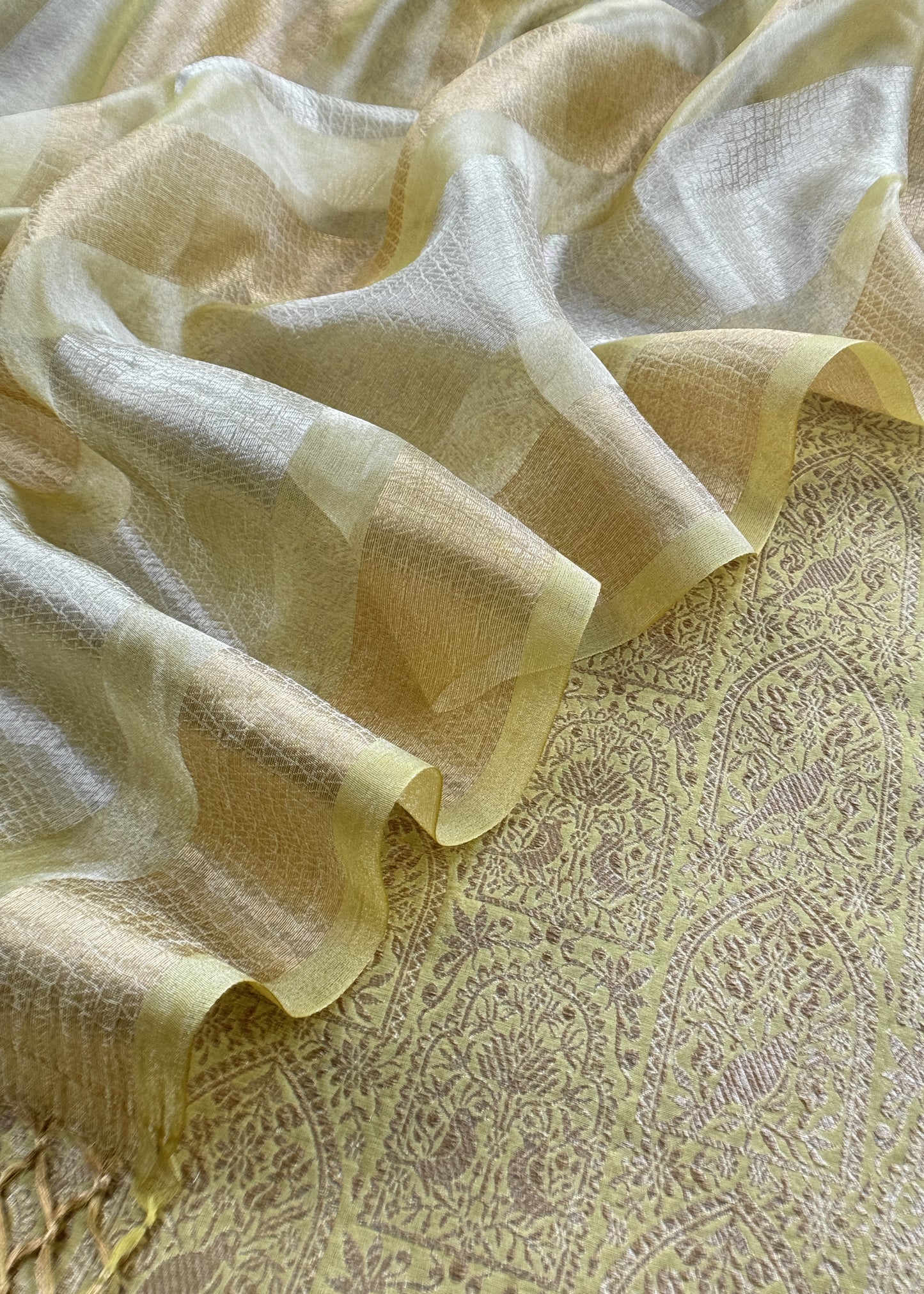 Lime yellow Brocade Silk Kurta And Zari Panel Silk Dupatta