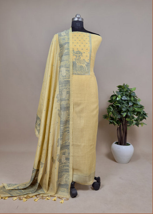 Yellow Jamdani Weaving Unstitched Suit With Dupatta